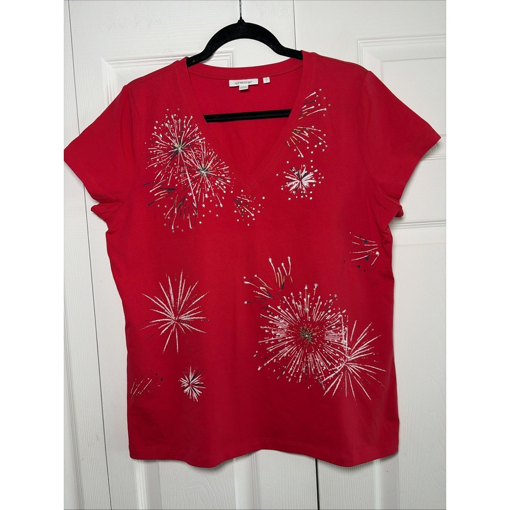 Chico's Fireworks Embellished V-Neck Tee Womens Size L 2 Red Sparkly Cotton